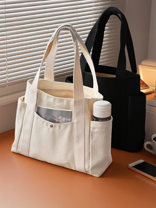 Borsa Tote Personalizzata in Tessuto Naturale da Donna, Borsa di Grande Capienza per Studenti Universitari con Tasca, in Tela per Lavoro e Libri - Product Image 2