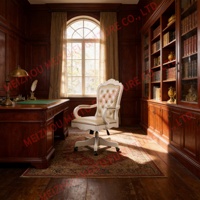 Fauteuil pivotant en cuir capitonné blanc, dossier haut en bois de cerisier avec garniture cloutée, chaise de bureau roulante vintage pour la maison