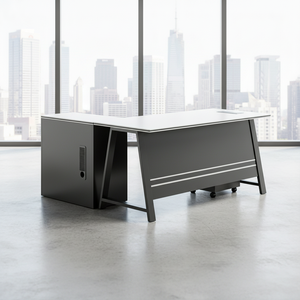 Escritorio Ejecutivo Moderno en Forma <span class=keywords><strong>de</strong></span> L con Gabinete <span class=keywords><strong>de</strong></span> Almacenamiento, Mesa para Computadora con Superficie <span class=keywords><strong>de</strong></span> Madera y Estructura Metálica, Mueble <span class=keywords><strong>de</strong></span> Oficina - Product Image 1