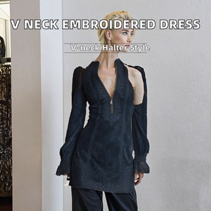 Vestido Midi de Poliamida con Cuello en V y Bordado para Mujer, Manga Larga, Corte Moderno con Cierre Frontal y Paneles de Encaje, Sexy y Casual - Product Image 2