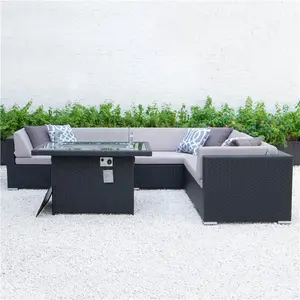 Hand Made Patio Outdoor Rotan Meubels Touw Weven Sofa Set Met Vuurkorf Tafel