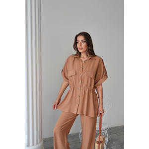 ชุดเสื้อเชิ้ตผ้าลินินและกางเกงขายาวสีน้ำตาลเอวผูกเชือก ชุดผู้หญิงไซส์ S - Product Image 2