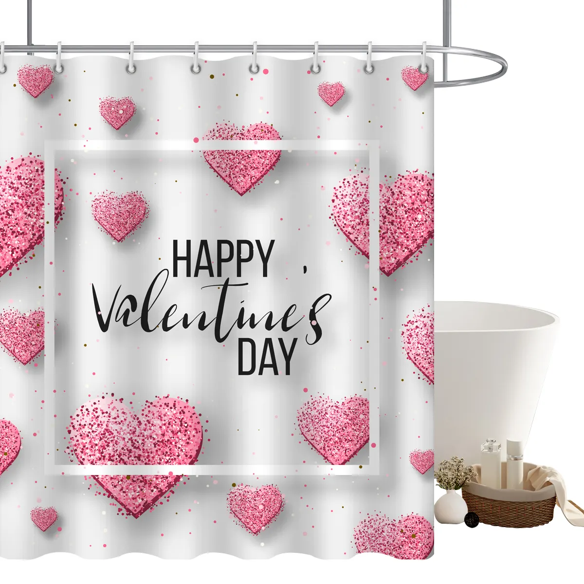 Hearts Shower Curtains Valentines Day Falling Red Hearts Shower Curtains For Bathroom, Heart Cloth Fabric Bathroom Decor Set