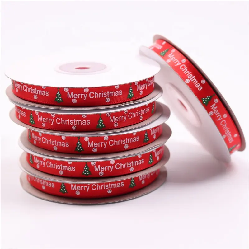 Custom Ornaments Ribbon Gift Ribbon Printed Merry Christmas Hot Sale 100% Polyester 3/8'' Inch Ribbon