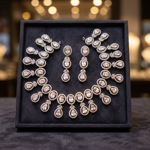 ชุดเครื่องประดับเพชรเจ้าสาวสุดหรูแบบขายส่ง ทองคำขาว 14K สร้อยคอแบบโชคเกอร์ทรงหยดน้ำไล่ระดับสีพร้อมต่างหูแบบห่วงประดับเพชร - Product Image 5