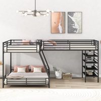 Litera Triple de Metal en Forma de L con Cama Alta, Escritorio, Barandillas y Escaleras