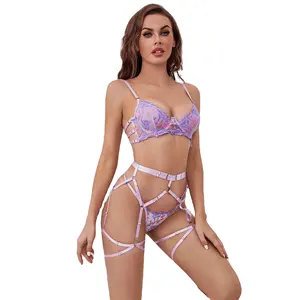Valentine's Day see through romantic Hot sexy womens light purple flower embroidery perspective lacy bra mesh sexy underwear set