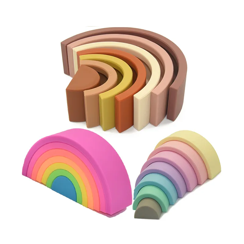 Grau alimentício 7pcs rainbow stacker empilhamento de blocos de silicone macio mordedores para crianças cedo Educacional Desenvolver Brinquedos Montessori