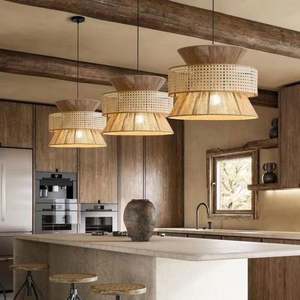 Lampu Gantung Rotan dan Tali Rami Gaya Wabi-Sabi Jepang Bentuk Bulat Desain Berlapis-lapis Dekoratif - Product Image 2