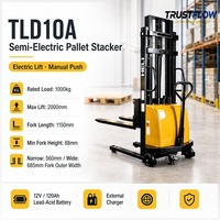 Gerbeur semi-électrique en gros 1000 kg, levée 2000 mm, mât 1580 mm, fourches étroites/larges 1150 mm, hauteur de levée basse 88 mm, batterie 12V 120Ah