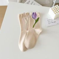 Chaussettes fines sans couture WUYANG FACTORY, nouvelle collection printemps-été, motif tulipes, mi-mollet, pur coton, toutes saisons, douces et tendance.