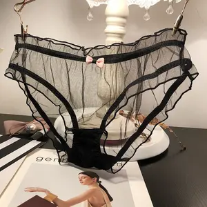 Mutandine Sexy Trasparenti da Donna con Fiocco Rosa, Slip in Cotone, Biancheria Intima Femminile Traspirante in Rete con Bordi Ondulati e Dettagli Traforati - Product Image 3