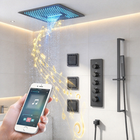 Robinet de douche thermostatique en laiton noir mat avec barre coulissante de 16 pouces, pommeau de douche LED effet pluie/cascade et système audio pour usage hôtelier
