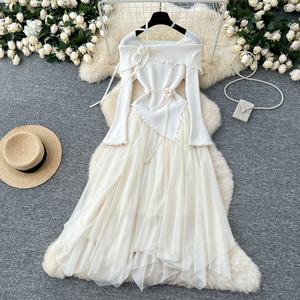 フェイク2ピースパッチワークドレス穏やかな風3次元花不規則なドレス妖精真珠ビーズの服 - Product Image 5