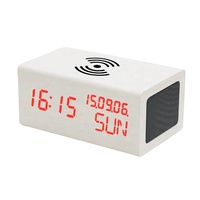 EMAF Bureau électronique LED Téléphone numérique Bt Haut-parleur Réveil en bois Heure Date Mois Affichage de la température avec chargeur sans fil