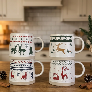 Série de Noël : Tasses en céramique de porcelaine avec impression de dessins animés, ensemble de tasses à café mignonnes avec motif d'arbre de Noël, compatibles lave-vaisselle et micro-ondes, sans danger pour les aliments - Product Image 1