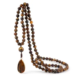 Vintage Natural Tiger Eye Stone Necklace Handmade Knotted 6mm 108 Mala Beads Beaded Water Drop Pendant Yoga Necklaces