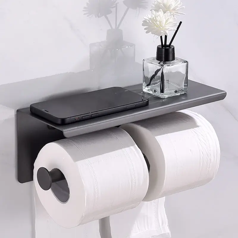 Porte-rouleau de papier hygiénique auto-adhésif gris multifonctionnel Porte-rouleau de papier hygiénique double pour salle de bain avec étagère