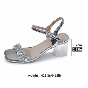 Nouvelles sandales sexy pour femmes à talons hauts, avec strass incrustés, dessus transparent, talon carré transparent, bride argentée W-DQ-02 - Product Image 5
