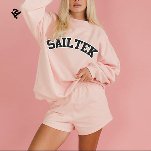 कस्टम पफ प्रिंट लोगो 2 टुकड़ा स्वेटशर्ट और शॉर्ट्स सेट फैशन डिजाइन कपास ट्रैकसूट महिलाओं गुलाबी शॉर्ट्स स्वेट सूट सेट - Product Image 1
