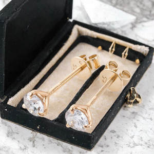 Boucles d'oreilles en or rose avec diamants pour femmes, coupe ronde brillante, solitaire classique 585 - Product Image 2