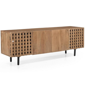 Mueble de televisión de madera maciza de lujo con puertas únicas talladas a mano, amplia superficie superior para exhibición y almacenamiento funcional para la sala de estar. - Product Image 4