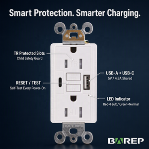 Prise murale BAREP ETL 15A 125V TR GFCI, <span class=keywords><strong>USB</strong></span>-A <span class=keywords><strong>USB</strong></span>-C 4.8A Classe A PC, résistante aux manipulations - Product Image 5