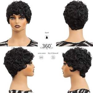 <span class=keywords><strong>Parrucca</strong></span> Corta Pixie Riccia in <span class=keywords><strong>Capelli</strong></span> Umani Vietnamiti, Senza Colla, Pre-Sfoltita, Nero Naturale, Taglio Pixie con Frangia per Donne di Colore - Product Image 4