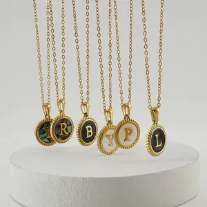 Gold Plated 26 Alphabet Shell Round Pendant Necklace Stainless Steel Chain Letter Conch Necklace Initials Name Necklaces Pendant