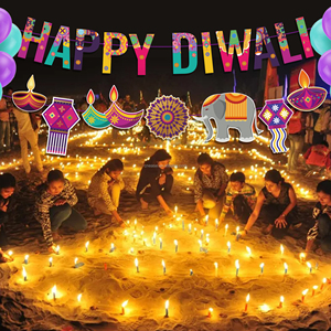 Huancai Happy Diwali bannière Festival de lumières <span class=keywords><strong>guirlande</strong></span> de lampes Deepavali banderole en papier pour Hindu Diwali fournitures de fête - Product Image 5
