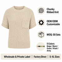 Haut pull côtelé à manches courtes pour femme, col rond, avec poche poitrine, en mélange de coton, personnalisable, vente en gros OEM, commande en gros, directement de l'usine