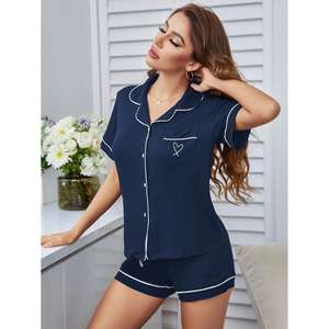 Ensemble de pyjama en bambou tricoté doux et respirant pour femmes, manches courtes, vêtements de nuit avec logo sur le devant pour la saison de printemps - Product Image 6