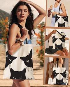 Sac fourre-tout en toile à imprimé animalier avec logo personnalisé, bandoulière et fermeture éclair, poche intérieure pour femme, taille moyenne, motif chat noir - Product Image 5