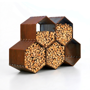 Large Modern Corten Steel Indoor & Outdoor Firewood Rack with Fireplace Tool & <b>Log</b> <b>Holder</b> for Storage - Product Image 1