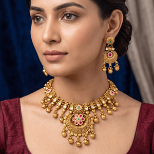 Parure de collier ras-du-cou et boucles d'oreilles traditionnelles indiennes en laiton plaqué or antique, avec pierres rubis et émeraudes - Product Image 3