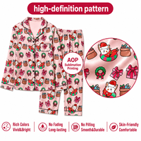 Pyjama personnalisé rose pour femme avec motif de Noël, Père Noël, chat et couronne, col cranté, en polyester satiné, POD, MOQ 1 pièce, Dropshipping