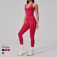 Ensemble d'entraînement sans couture 2 pièces pour femme, débardeur à col en V et leggings taille haute pleine longueur