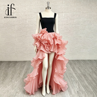 Robe de soirée élégante en mousseline de soie à volants étagés, motif floral 3D, sans bretelles, noire et rose, coupe trapèze, pour mariage, cérémonie ou bal de promo