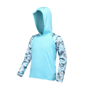 เสื้อตกปลาเด็กชายสีฟ้าอ่อนมีฮู้ดพิมพ์ลายฉลามแขนยาว UPF 50 เสื้อคลุมป้องกันรังสียูวีป้องกันแสงแดด - Product Image 1