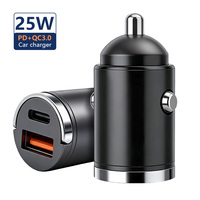 Chargeur de voiture portable mini double port haute puissance OEM ODM avec charge rapide PD QC3.0, ports USB Type-C et USB-A, 25W, en métal