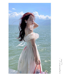 Noticias Verano Temperamento Vestido <span class=keywords><strong>dulce</strong></span> Fuera del hombro Manga corta Puff Vestido floral Delgado Cuello en V Halter Vestido de vacaciones - Product Image 6