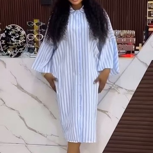 เดรสลำลองลายทางประดับเพชรพลอยสำหรับผู้หญิงไซส์ใหญ่ สไตล์หลวมๆ ผ่าข้าง แฟชั่นขายดีประจำฤดูร้อน - Product Image 3