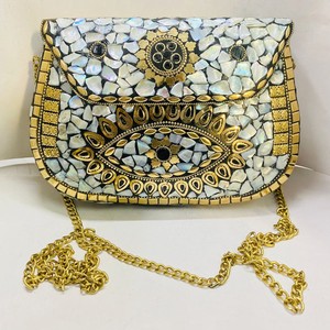 Pearl Mosaic Evening Clutch <b>Bag</b> for <b>Women</b> with Gold Tone Metal Embellishments Decorative Pattern Chain Strap Wedding Party - Product Image 2
