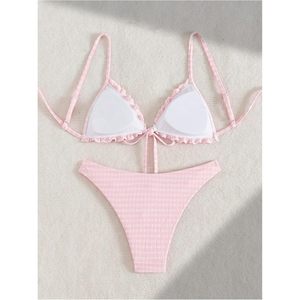 FOXA Women's 2 Piece <b>Bikini</b> <b>Set</b> Tie Front Ruffled Wireless Padded Swimsuit Pink Gingham Pattern - Product Image 3