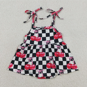 Sibling Baby Girls Black Checked Cherry Tunic Short <b>Clothes</b> Set Strap Bummies Rompers - Product Image 2