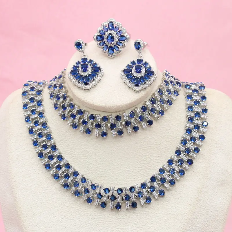 New Design Royal Blue Stones Necklace Sets Silver Color Wedding Jewelry for Women Earrings Ring Bracelet Gift Box
