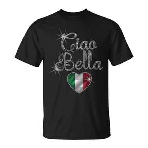 Camiseta italiana con diseño de corazón Ciao Bella, bandera de Italia, color negro, unisex - Product Image 1