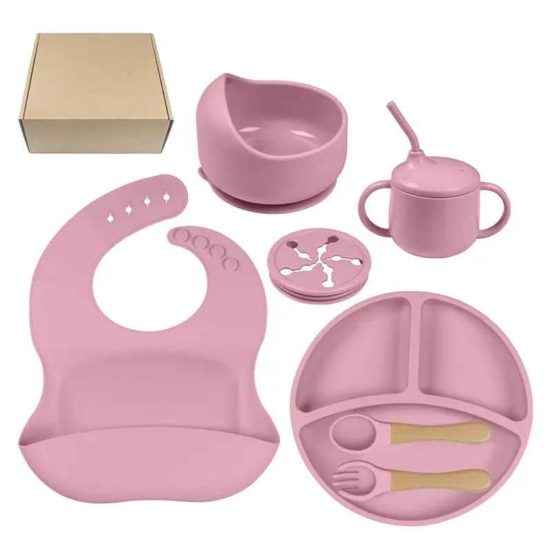 실리콘 식사 접시 아기 턱받이 보완 식품 그릇 식기 식사 매트 스푼 포크 컵 흡입 및 낙하 방지 스낵 컵 세트