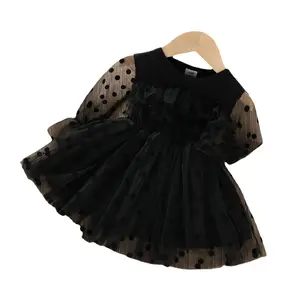 New Spring Summer 2022 Solid Color Long Puff Sleeve Round Collar Splicing Polka Dot Frock Lace Mesh Skirt Baby Girls Dress