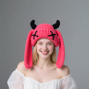 Cappuccio di corno del diavolo carino puro fatto a mano grandi orecchie di coniglio caldo cappello lavorato a maglia per un inverno fresco e neutro - Product Image 5